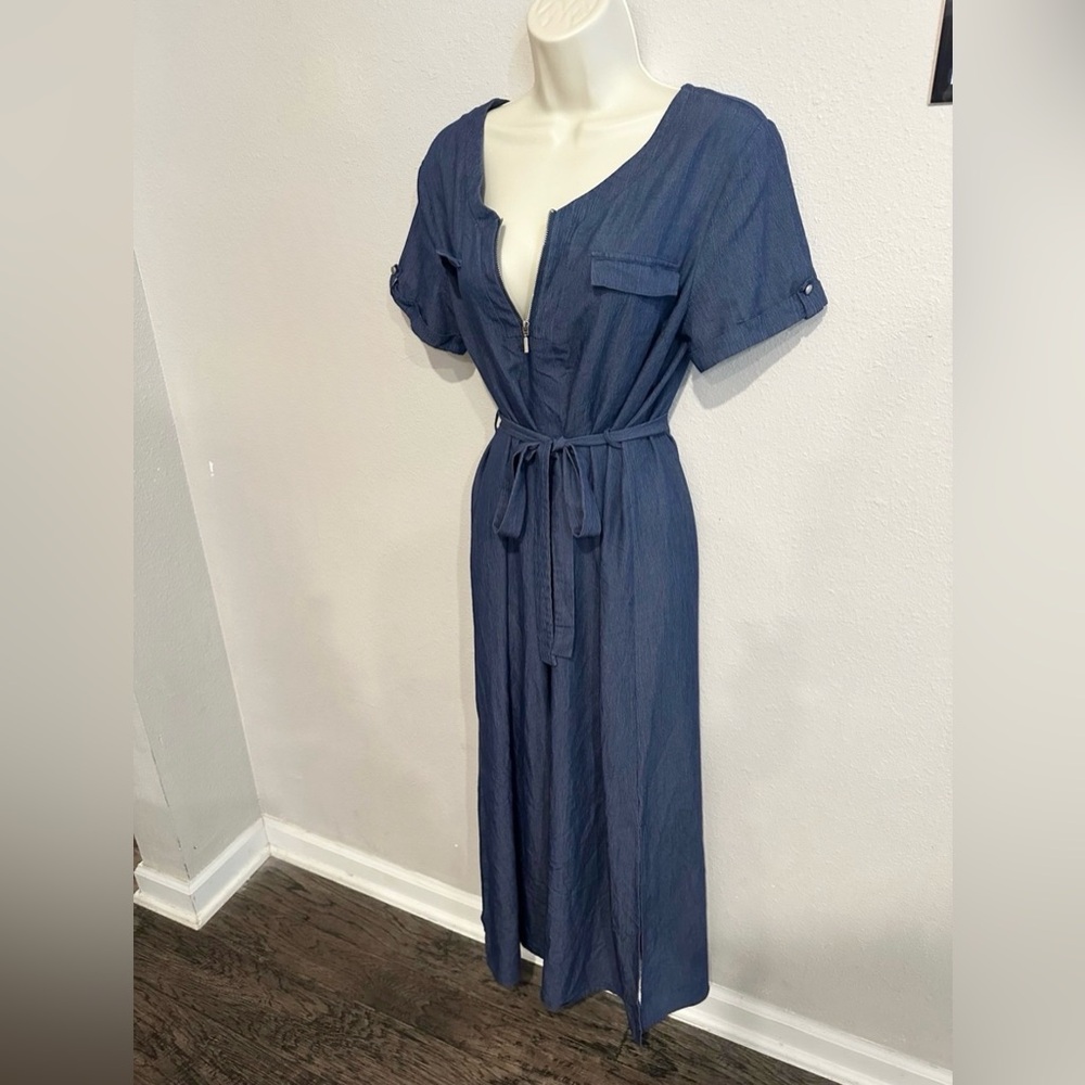 NAIF Blue Faux Denim Maxi Dress Size M Belted Zip Front Utility Boho Chambray